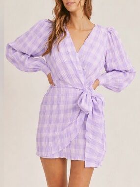 Mable Garden Party Gingham Lilac/White Wrap Mini Dress, 100% Cotton SZ M NEW!